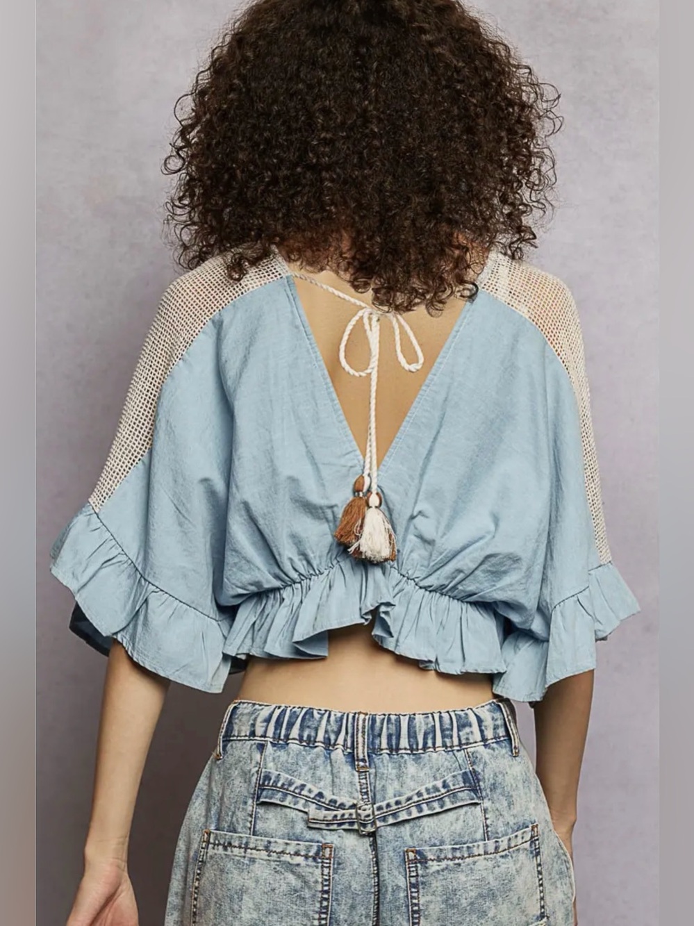 POL Light Blue Embroidered Tie-Front Crop Top - Picture 4 of 7